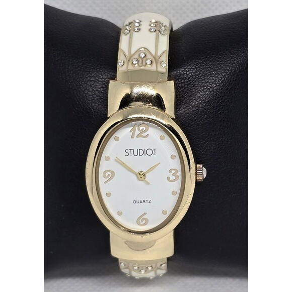 Accessories - Women's Studio Time Fancy Oval Gold Tone Enamel Open Cuff Bracelet Watch 13